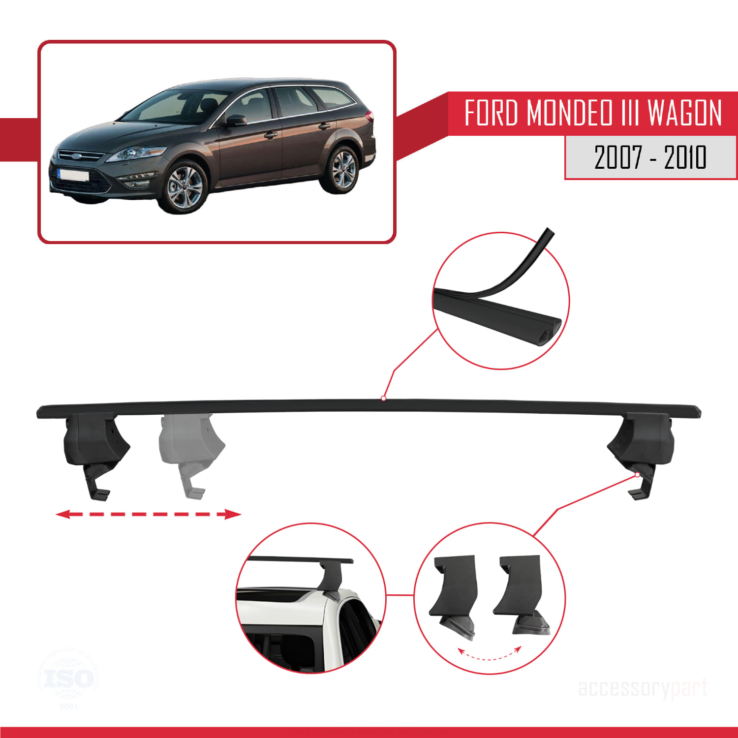 Ford Mondeo 3 (CD345) SW Pre-Facelift 2007-2010 Arası ile Uyumlu ACE-4 Ara Atkı Tavan Barı Siyah 2 Adet - Görsel 3