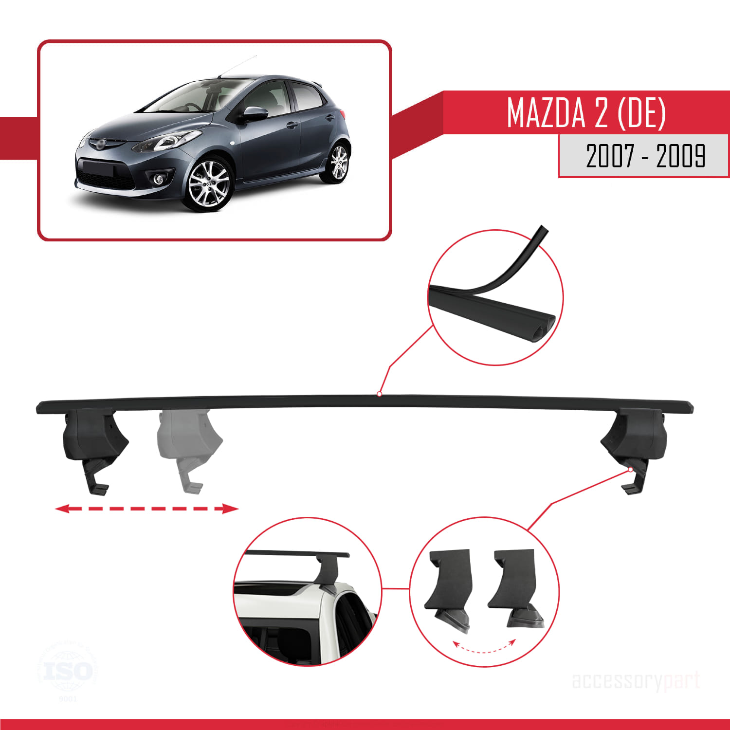 Mazda 2 (DE) HB Pre-Facelift 2007-2009 Arası ile Uyumlu ACE-4 Ara Atkı Tavan Barı Siyah 2 Adet - Görsel 3