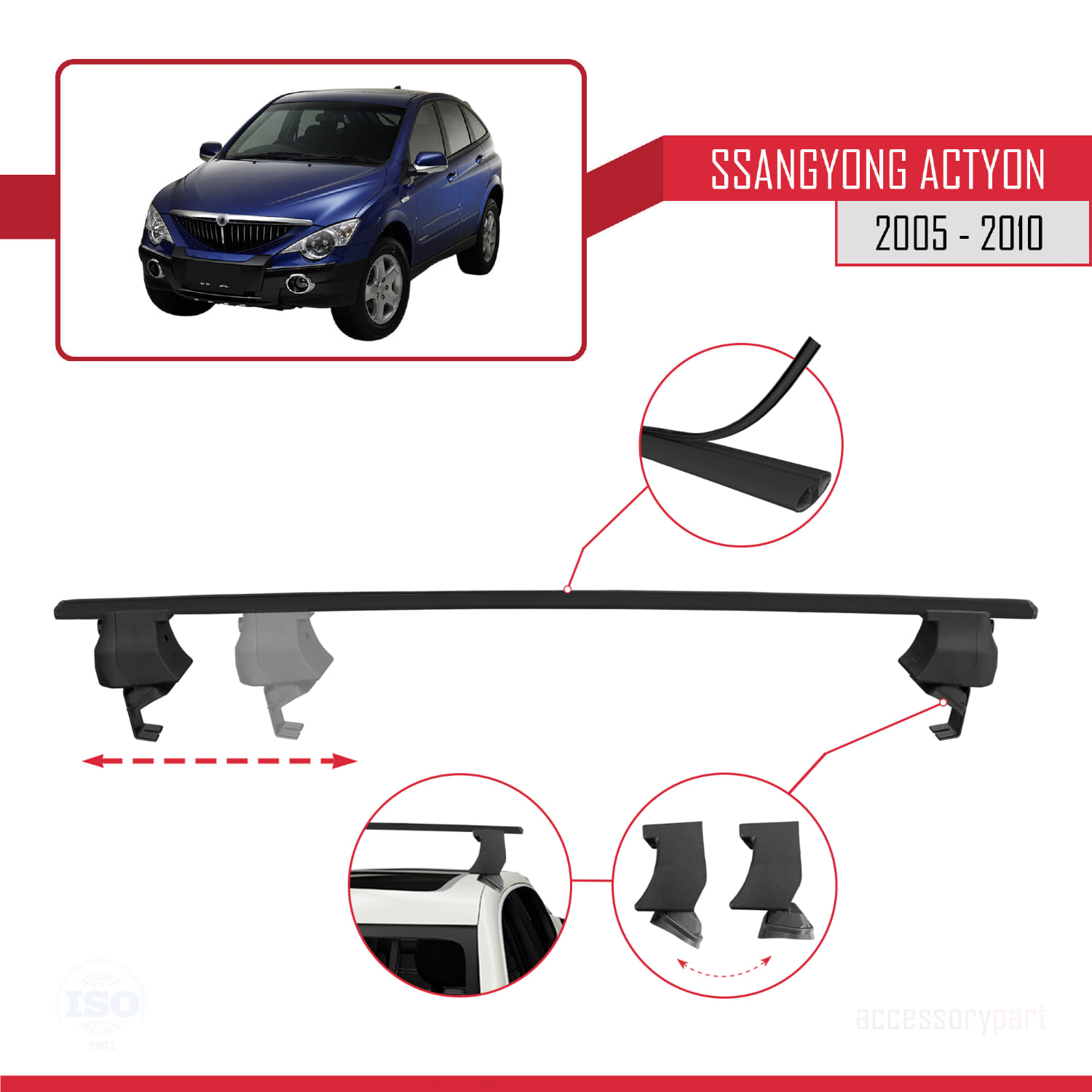 Ssangyong Actyon 2005-2010 Arası ile Uyumlu ACE-4 Ara Atkı Tavan Barı Siyah 2 Adet - Görsel 3