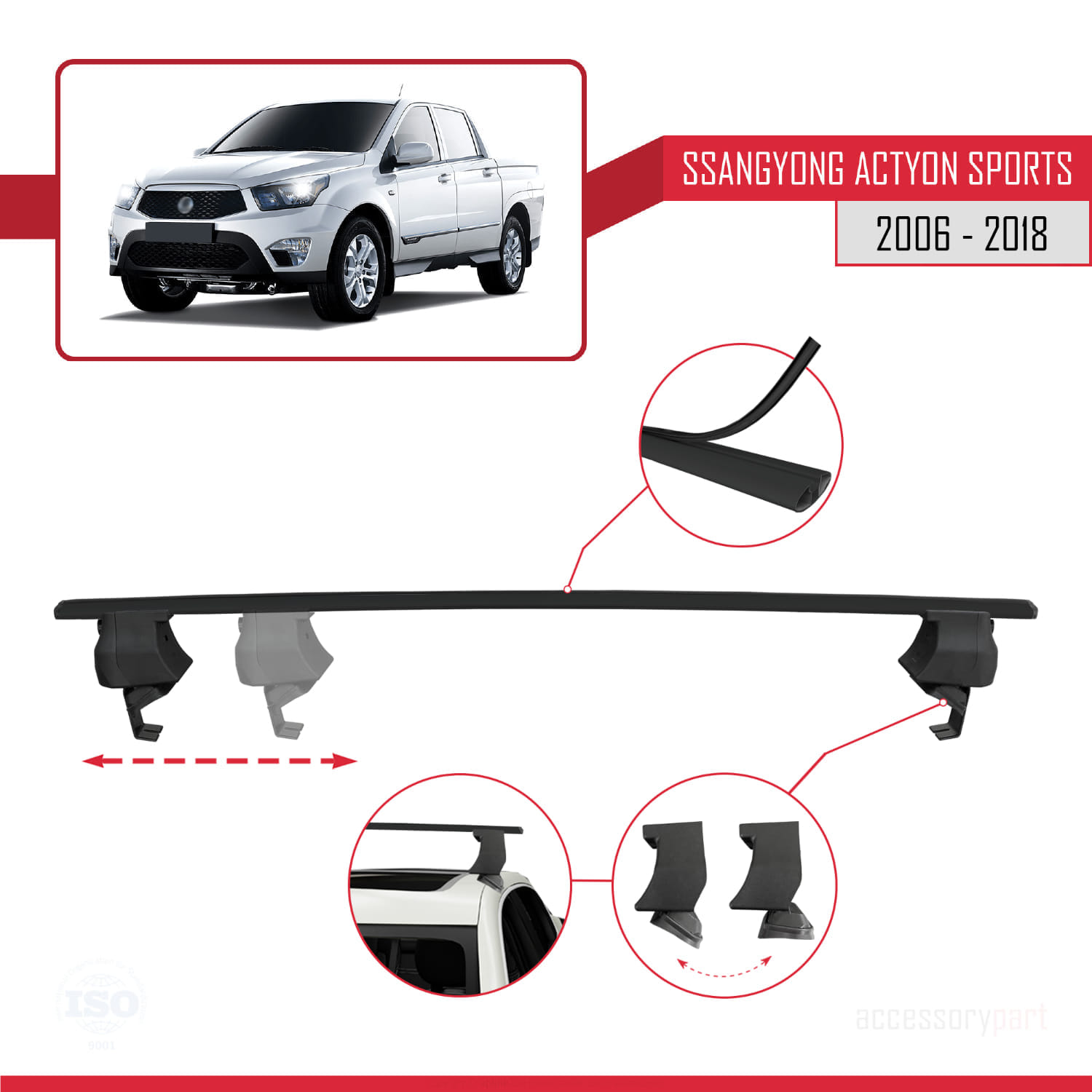 Ssangyong Actyon Sports 2006-2018 Arası ile Uyumlu ACE-4 Ara Atkı Tavan Barı Siyah 2 Adet - Görsel 3