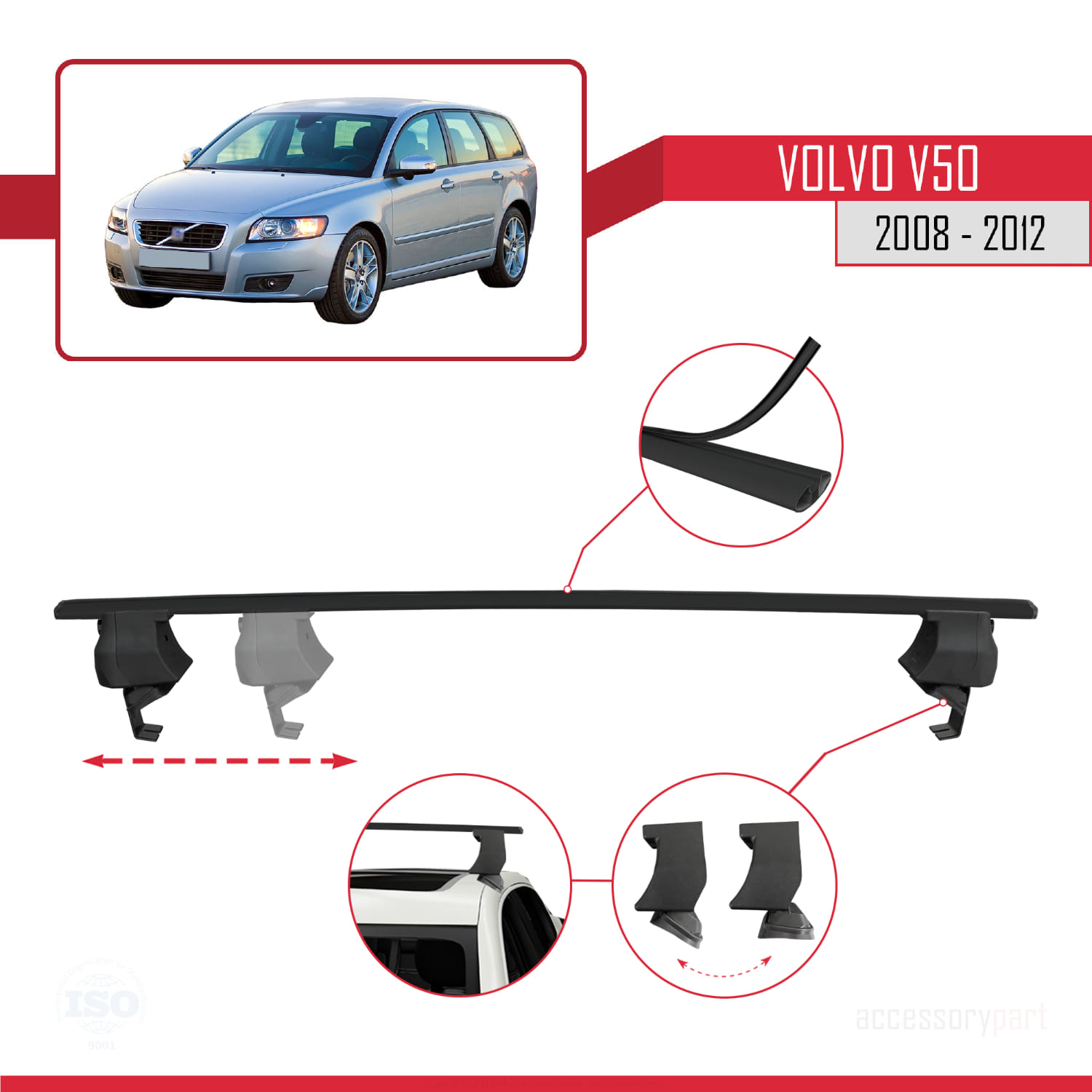 Volvo V50 Post-Facelift 2008-2012 Arası ile Uyumlu ACE-4 Ara Atkı Tavan Barı Siyah 2 Adet - Görsel 3