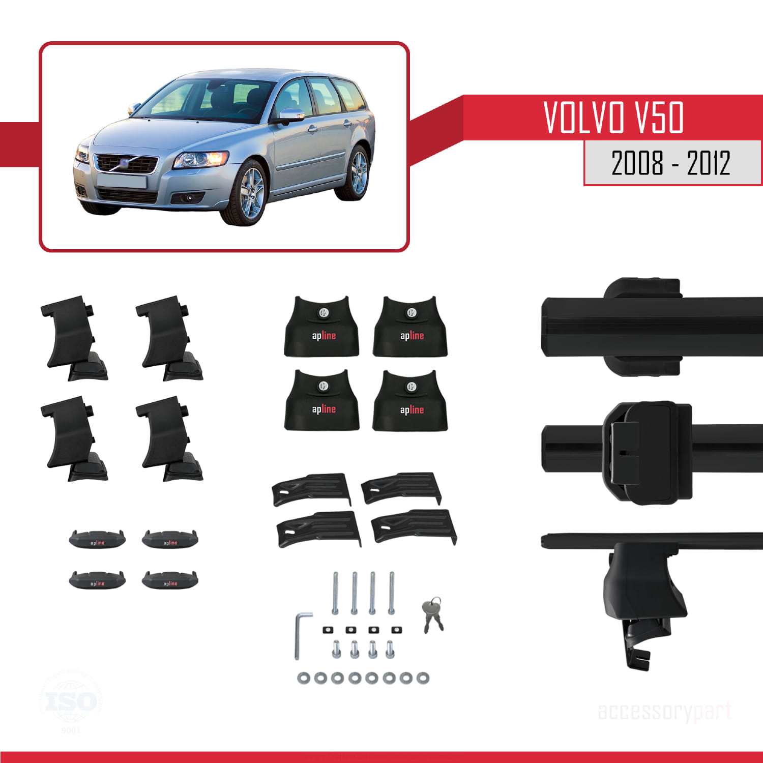 Volvo V50 Post-Facelift 2008-2012 Arası ile Uyumlu ACE-4 Ara Atkı Tavan Barı Siyah 2 Adet - Görsel 5