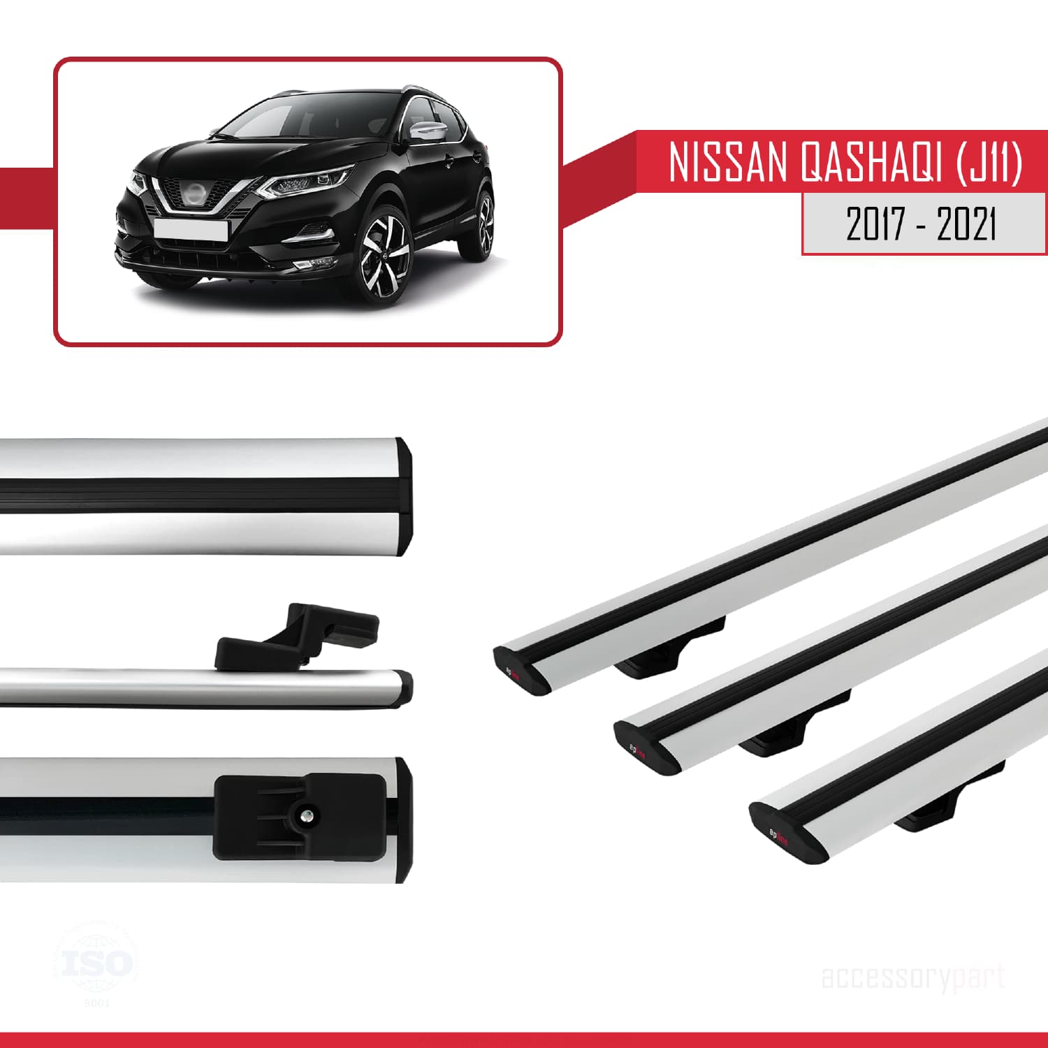 Nissan Qashqai 2 (J11) Post-Facelift 2017-2021 Arası ile Uyumlu BASIC Model Ara Atkı Tavan Barı Gri 3 Adet - Görsel 3