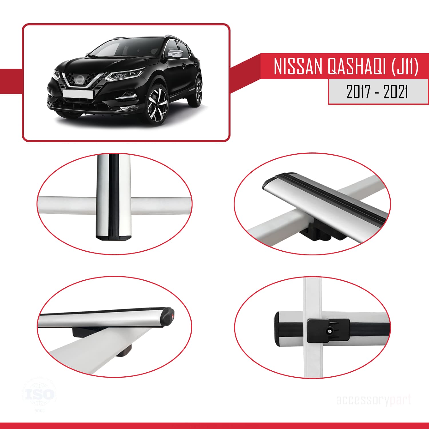 Nissan Qashqai 2 (J11) Post-Facelift 2017-2021 Arası ile Uyumlu BASIC Model Ara Atkı Tavan Barı Gri 3 Adet - Görsel 4