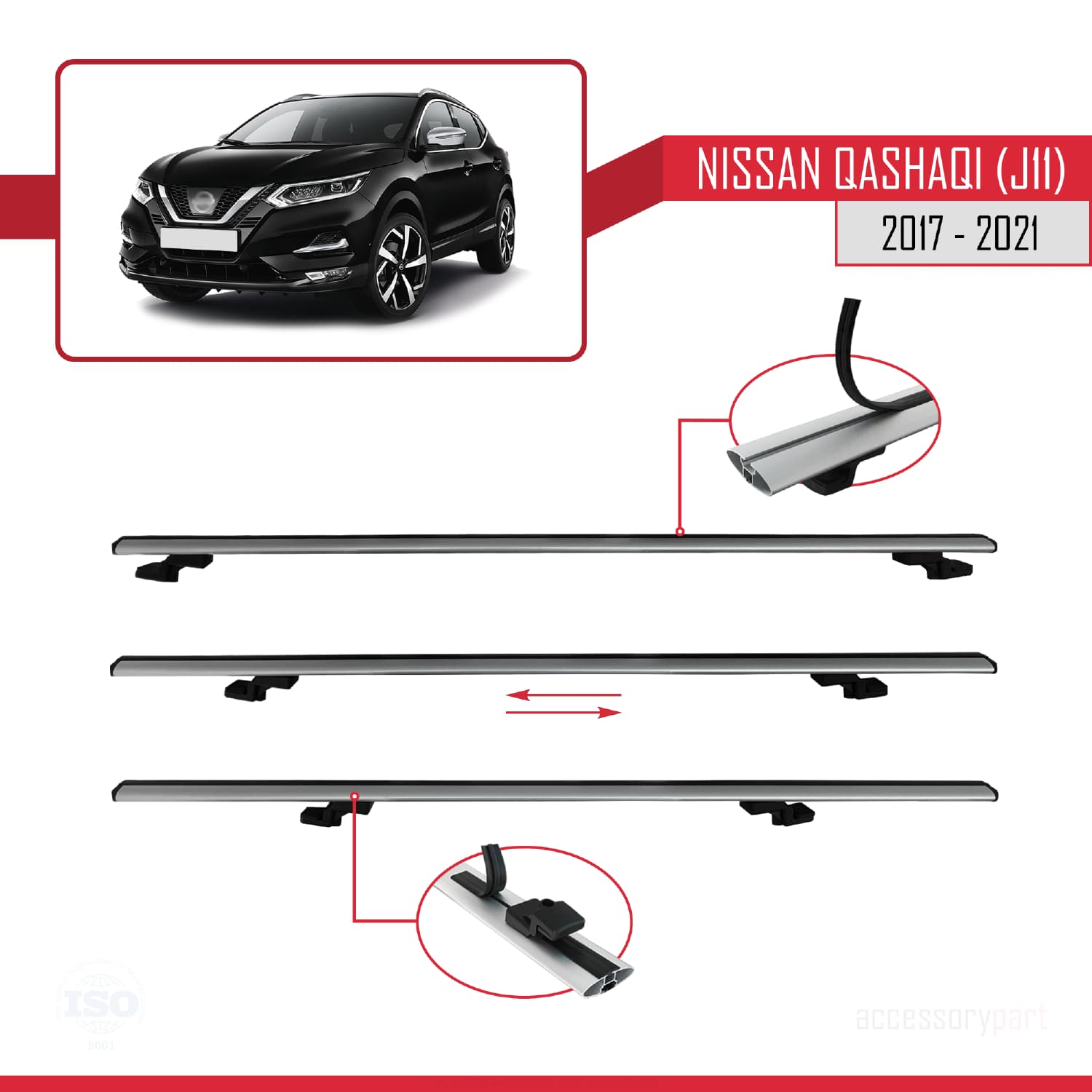 Nissan Qashqai 2 (J11) Post-Facelift 2017-2021 Arası ile Uyumlu BASIC Model Ara Atkı Tavan Barı Gri 3 Adet - Görsel 5