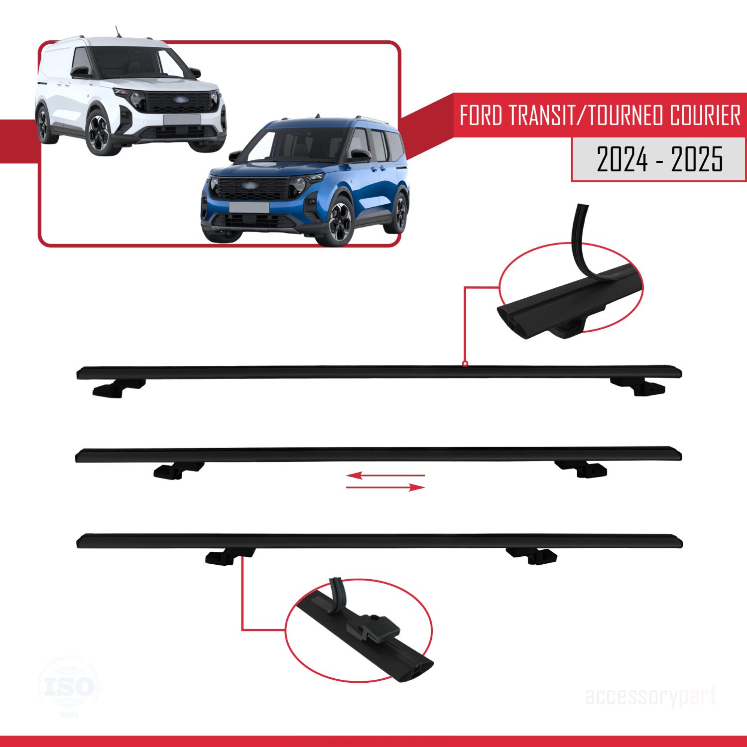 Ford Transit/Tourneo Courier 2024-2025 Arası ile uyumlu BASIC Model Ara Atkı Tavan Barı Siyah 2 Adet - Görsel 5