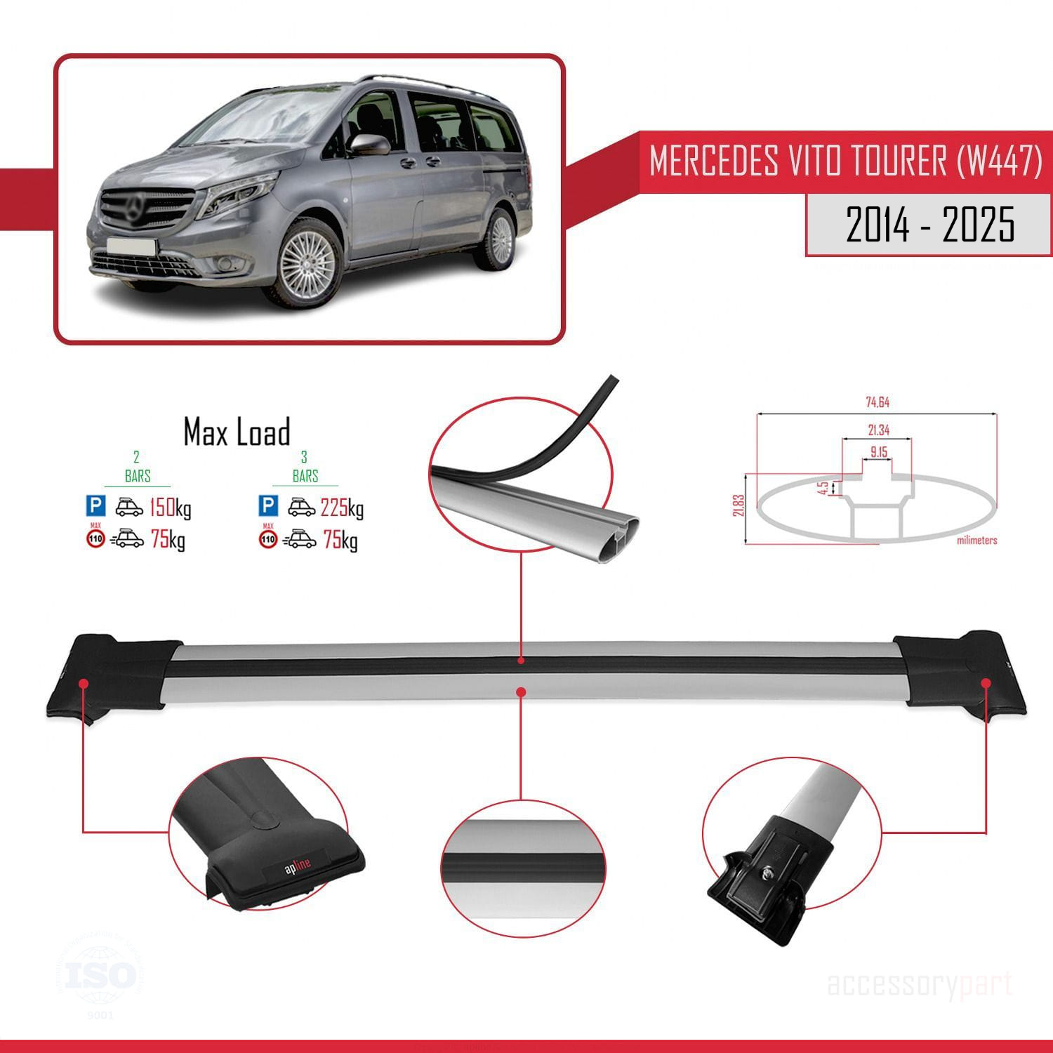 Mercedes Vito Tourer (W447) 2014 ve Sonrası ile Uyumlu FLY Model Ara Atkı Tavan Barı Gri 2 Adet - Görsel 3