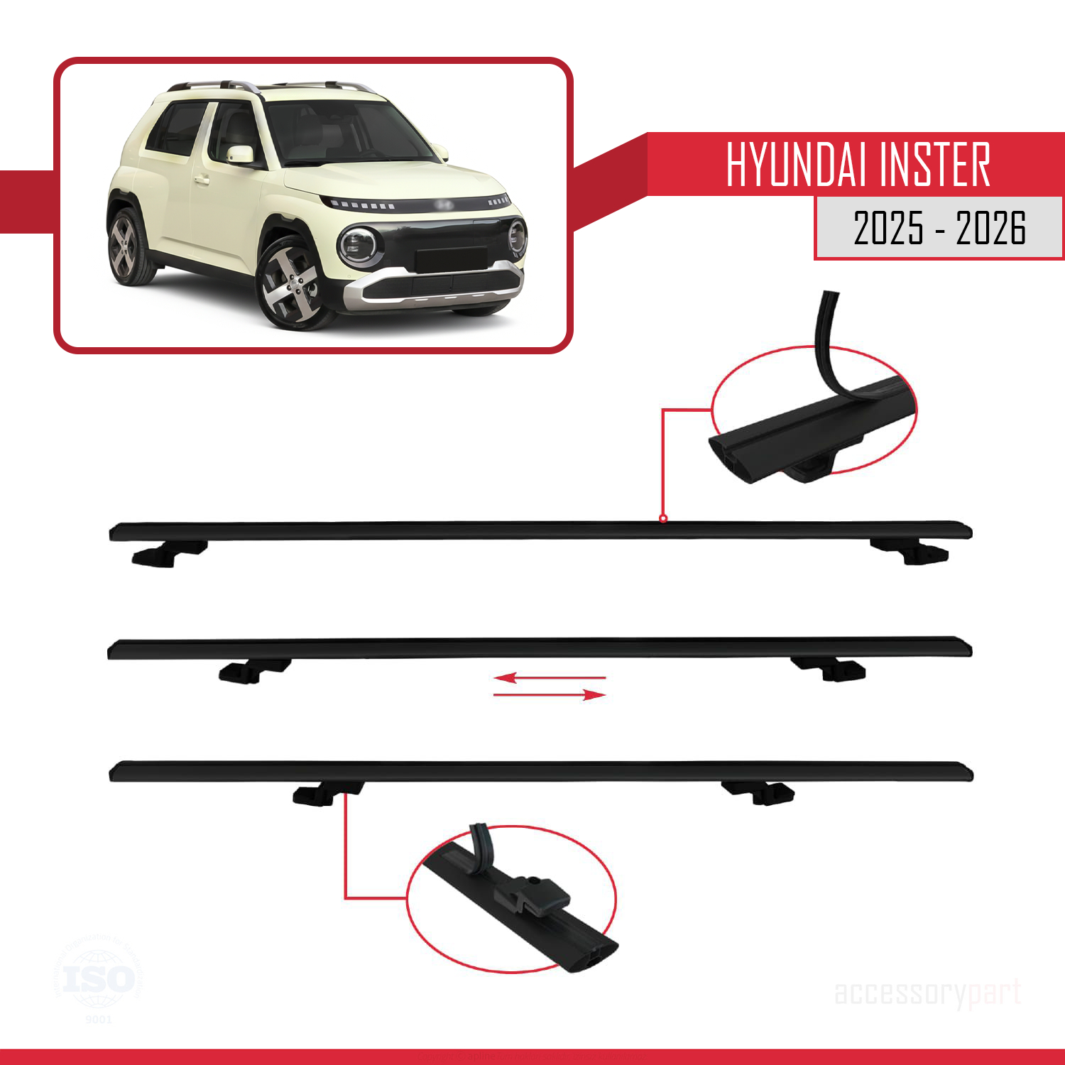 Hyundai Inster 2025 ve Sonrası ile uyumlu BASIC Model Ara Atkı Tavan Barı Siyah 3 Adet - Görsel 5